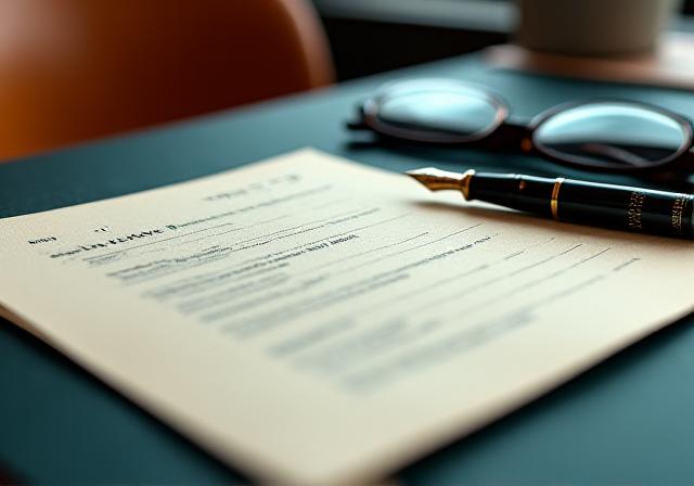 Un bureau élégant à Paris avec des documents de haute qualité et un stylo plume, symbolisant le professionnalisme de Meridian Style