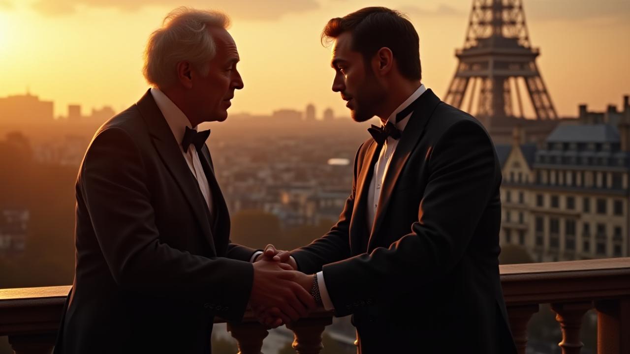 Un père et son fils partageant un moment de complicité en costume de mariage