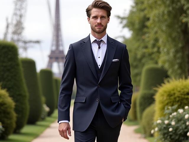 Marié élégant devant une architecture parisienne